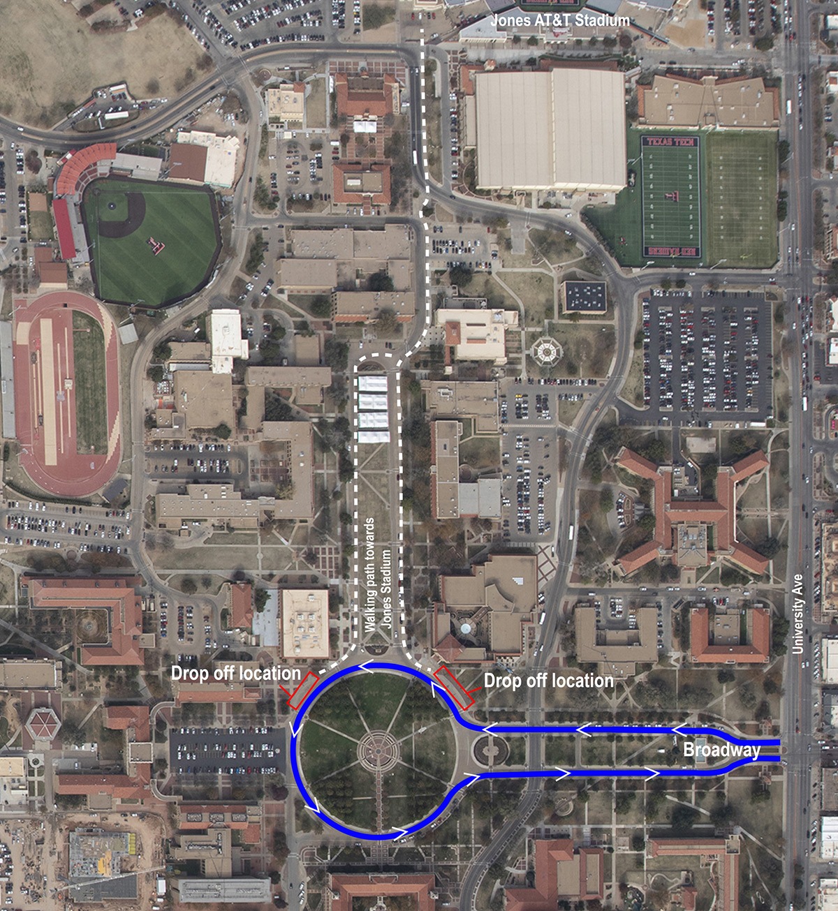 Aerial map of Texas Tech campus showing two ride-share drop-off locations near Memorial Circle on Broadway and a marked walking path north toward Jones AT&T Stadium.