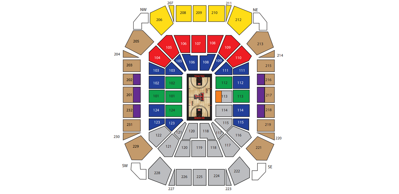 Color-coded seating map of United Supermarkets Arena showing basketball arena sections and season ticket pricing zones. Lower-level sections 101 through 124 surround the court. Orange highlights section 113 rows 3 through 5. Green highlights sections 101, 102 rows 1 through 13, 112 rows 1 through 13, 113 rows 14 through 26, and 124 rows 1 through 13. Blue highlights sections 102 rows 14 through 26, 103, 105 rows 1 through 13, 106 rows 1 through 13, 108 rows 1 through 13, 109 rows 1 through 13, 111, 112 rows 14 through 26, 114 rows 14 through 26, 123, and 124 rows 14 through 26. Red highlights sections 104, 105, 106, 107, 108, 109, and 110 rows 14 through 31. Purple highlights sections 216, 217, and 218 rows 1 through 7. Tan highlights sections 213, 214, 215, 216 rows 8 through 15, 217 rows 8 through 15, 218 rows 8 through 15, 219, 220, and 221. Yellow highlights sections 206 through 212. Gray sections are not available for purchase and indicate student seating and visitor sections.