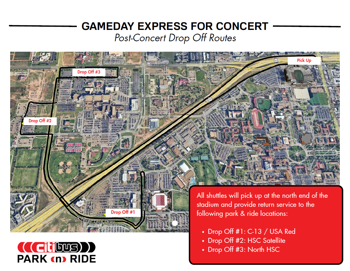 Map showing post-concert Gameday Express shuttle information for the George Strait concert, including shuttle routing and designated shuttle locations for guests departing after the event.