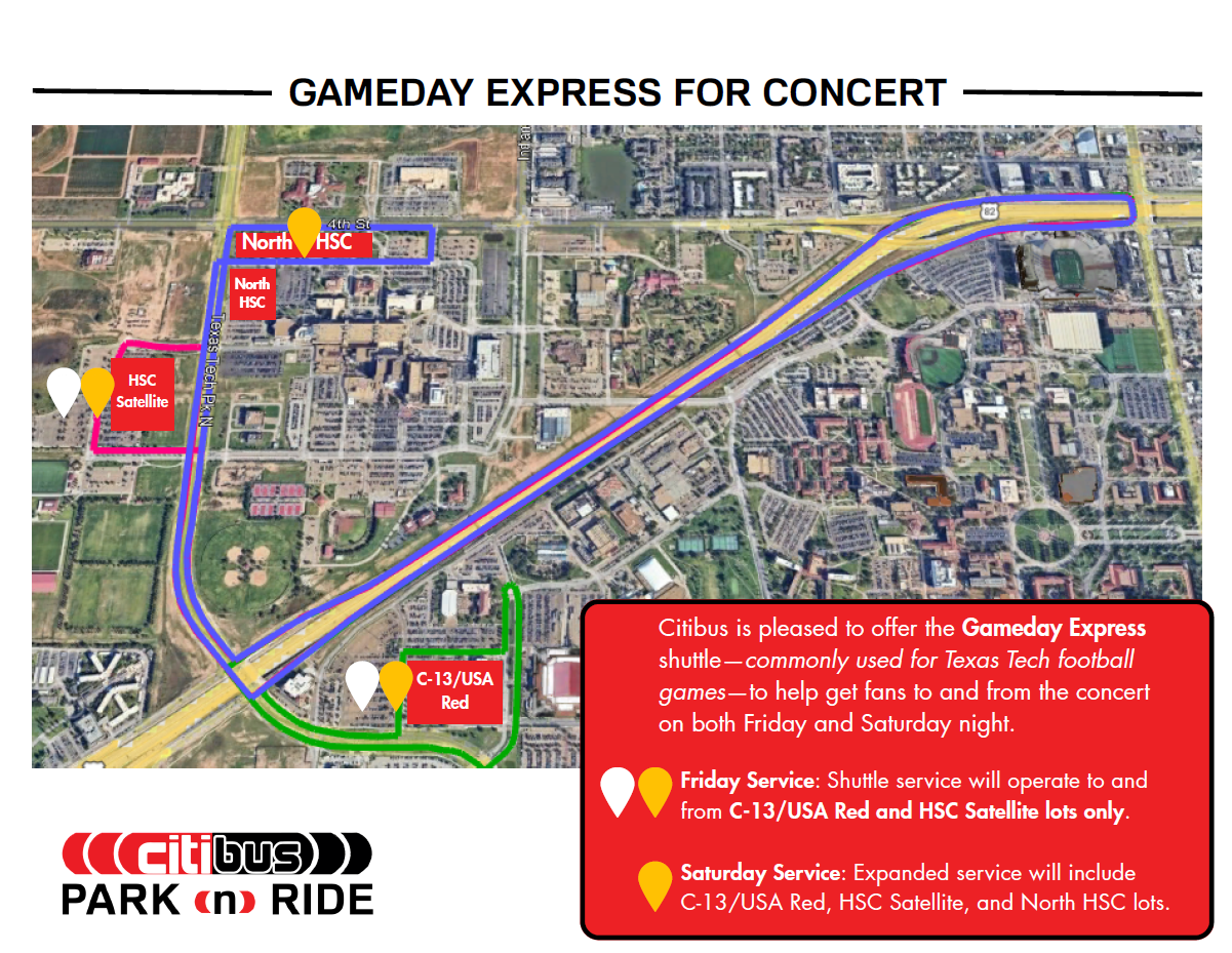 Map showing pre-concert Gameday Express shuttle information for the George Strait concert, including shuttle routing and designated shuttle locations for guests arriving before the event.