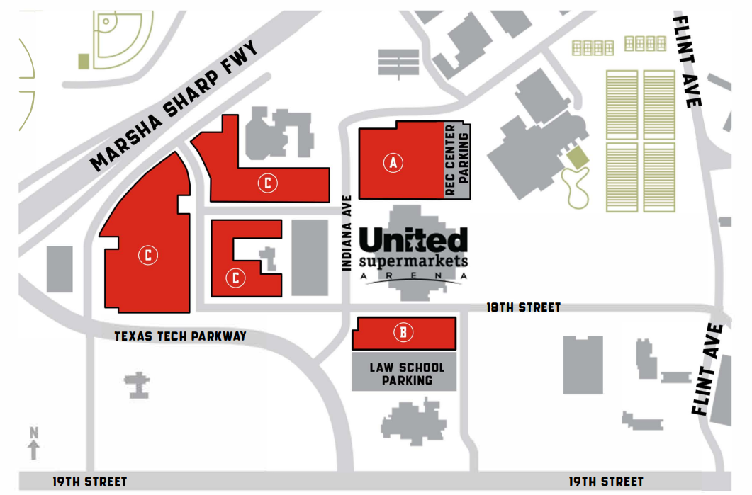 Parking map of the area around United Supermarkets Arena showing highlighted event parking lots labeled A, B, and C. Lot A is located northeast of the arena beside the Rec Center parking area. Lot B is located south of 18th Street near the Law School parking area. Multiple Lot C areas are located west and northwest of the arena along Texas Tech Parkway and near Marsha Sharp Freeway. Nearby streets and landmarks shown include Marsha Sharp Freeway, Texas Tech Parkway, Indiana Avenue, Flint Avenue, 18th Street, and 19th Street, with a north arrow in the lower-left corner.