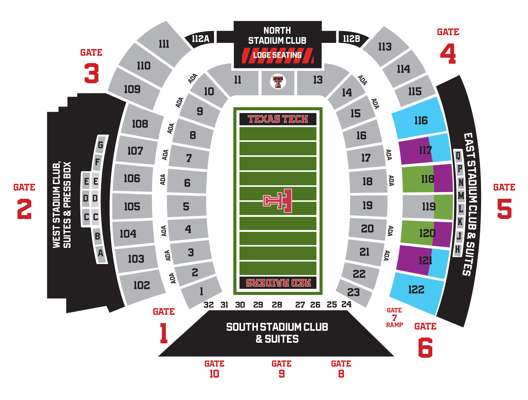 2026 Texas Tech Football group ticket pricing map for Jones AT&T Stadium, showing group seating areas in green, purple, and blue and listing group ticket prices by opponent.