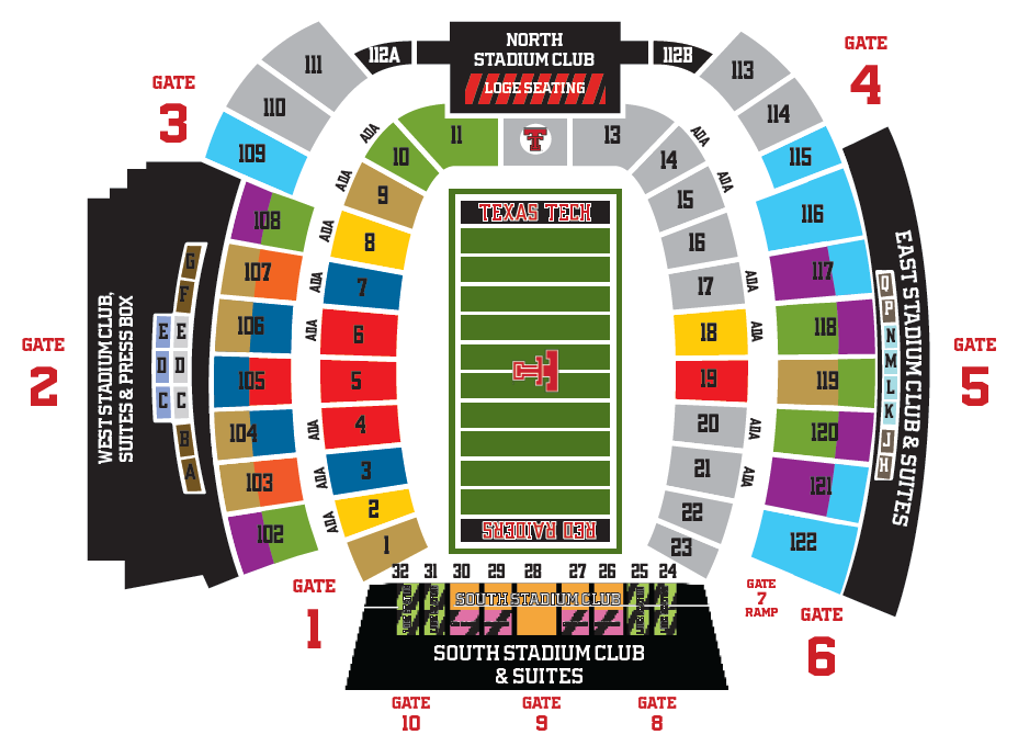 Color seating map of Jones AT&T Stadium for 2026 Texas Tech Football single game pricing, showing sections 1 through 23 and 102 through 122, club areas, loge seating, ADA-designated rows, gates 1 through 10, and eight public pricing color levels.