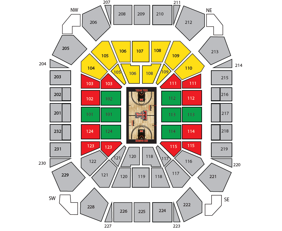 Color-coded seating map of United Supermarkets Arena showing Lady Raider Basketball season ticket pricing zones. Green highlights reserved seating in sections 101, 102 rows 1 through 13, 112 rows 1 through 13, 113, 114 rows 1 through 13, and 124 rows 1 through 13. Red highlights reserved seating in sections 102 rows 14 through 26, 103, 111, 112 rows 14 through 26, 114 rows 14 through 26, 115, 123, and 124 rows 14 through 26. Yellow highlights general admission seating in sections 104, 105, 106, 107, 108, 109, and 110. Gray sections are not included in the listed season ticket pricing areas.