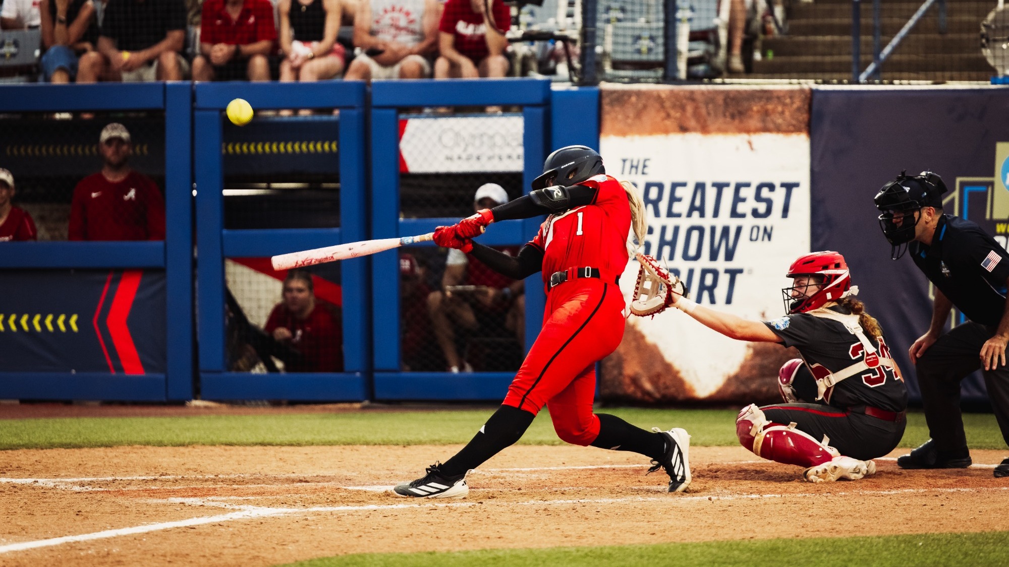 Texas Tech's Mia Williams celebrates her walk-off home run against Alabama in the WCWS semifinal