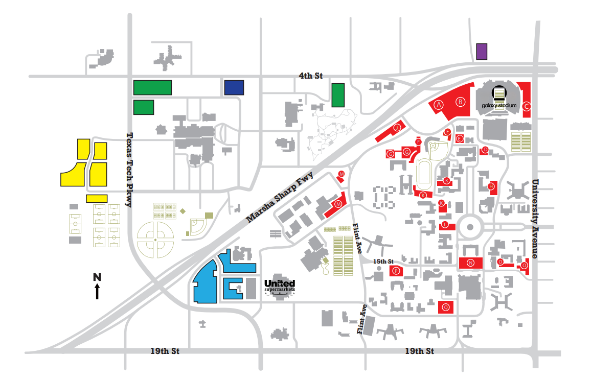 2026 Texas Tech football parking map showing Galaxy Stadium and color-coded Red Raider Club, paid, free and ADA parking areas.