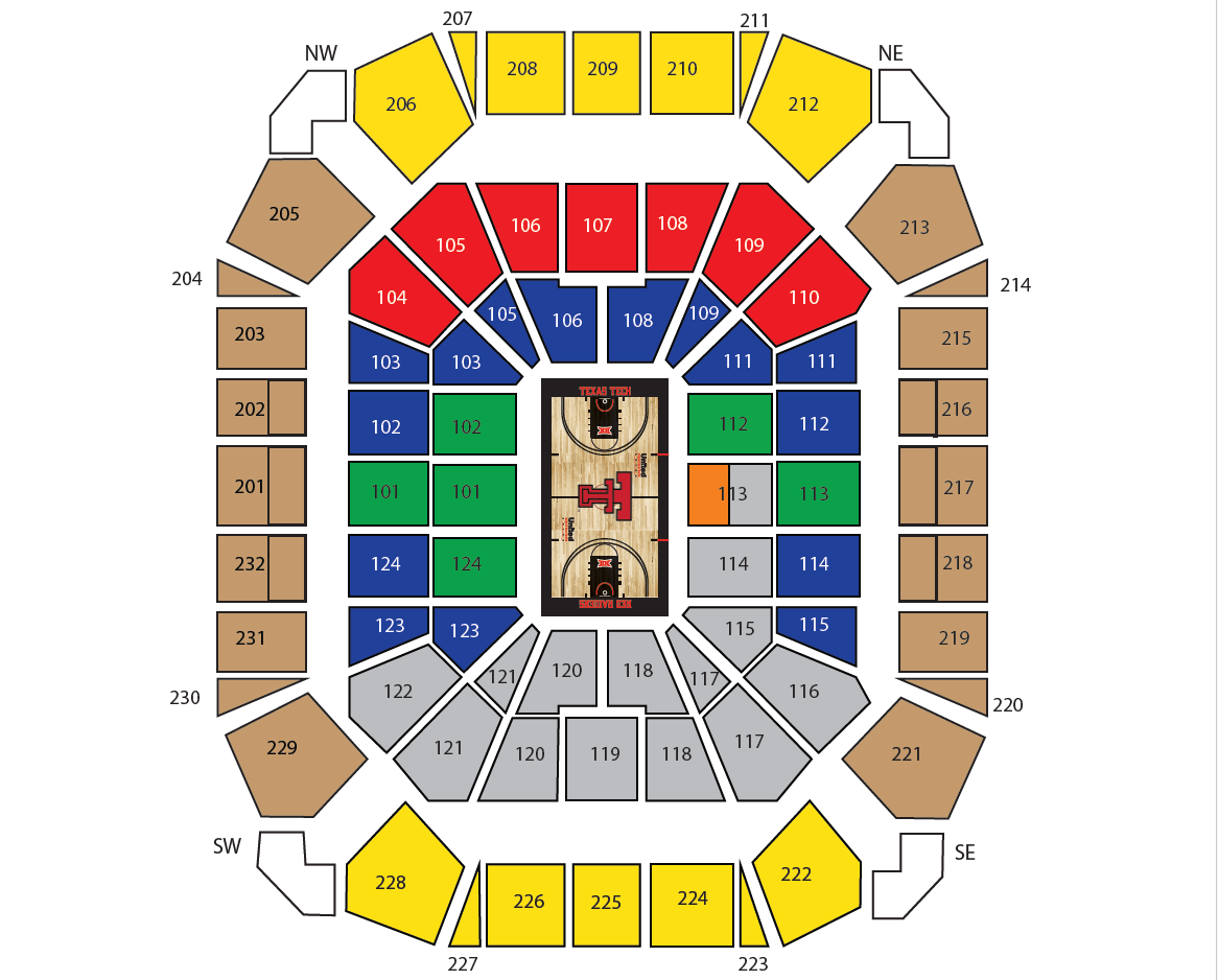 2026-27 men's basketball single game seating map for United Supermarkets Arena showing color-coded ticket pricing zones. A complete text version of the map is available below.