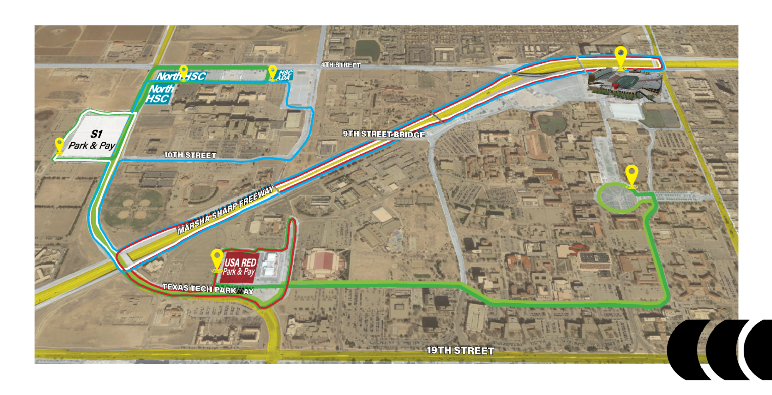 Pregame Citibus Park and Ride route map showing routes from USA Red Park and Pay, S1 Park and Pay, North HSC and HSC ADA to Galaxy Stadium, plus Raider Alley service.