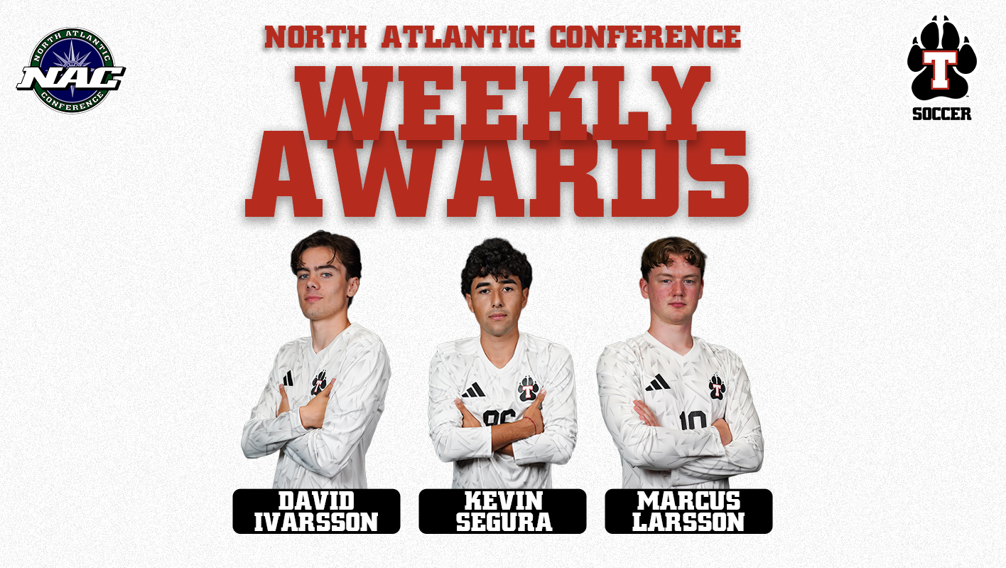 Thomas College Men's Soccer North Atlantic Conference Weekly Awards graphic featuring three student-athletes in white Thomas soccer jerseys standing with their arms crossed against a white background. Large red text at the top reads 