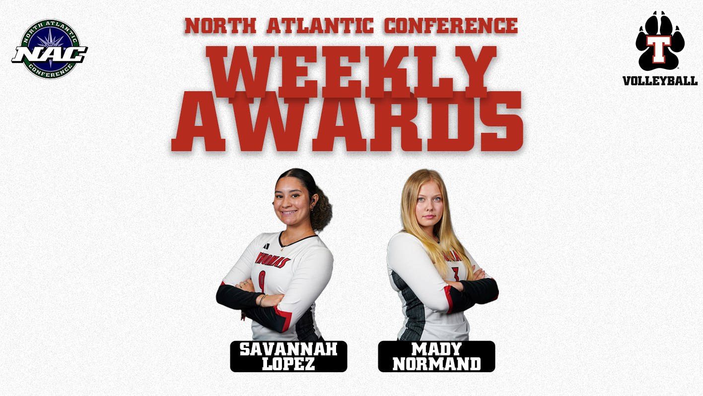 Thomas College Volleyball Weekly Awards graphic featuring Savannah Lopez (left), wearing number 9, and Mady Normand (right), wearing number 3. Both athletes stand with their arms crossed against a white background. Large red text reads 