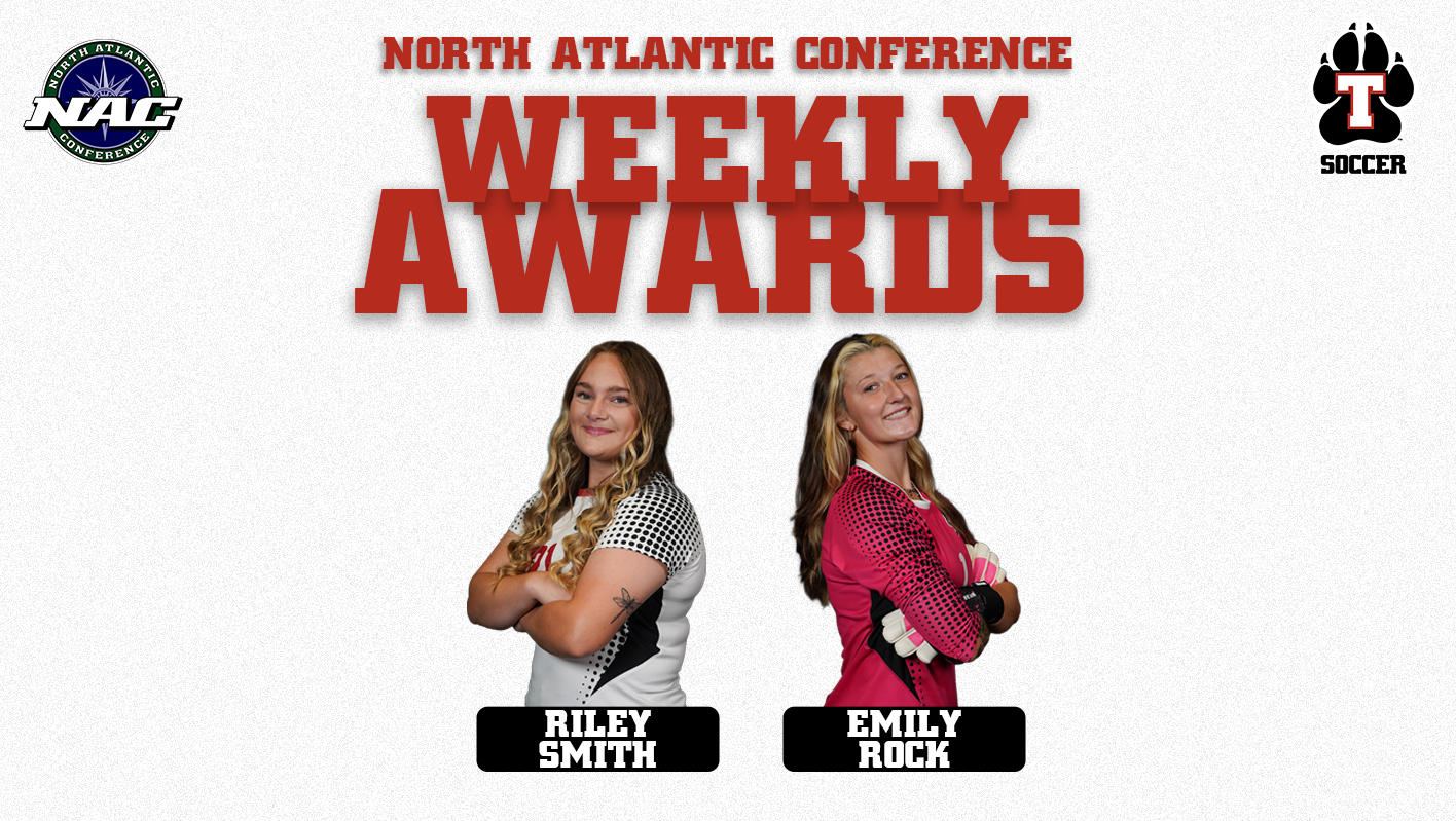 Thomas College Women's Soccer North Atlantic Conference Weekly Awards graphic featuring Riley Smith (left) and Emily Rock (right) standing back-to-back with their arms crossed in Thomas soccer uniforms against a white background. Large red text reads 