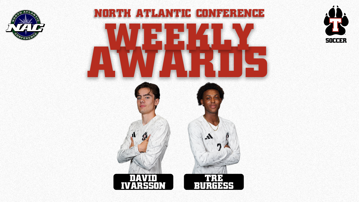 Horizontal Thomas College Men’s Soccer North Atlantic Conference Weekly Awards graphic featuring David Ivarsson (left) and Tre Burgess (right). Both athletes pose with their arms crossed in white Thomas College soccer jerseys against a textured white background. Their names appear in white lettering inside black nameplates beneath their photos. Large red text across the top reads “Weekly Awards,” with the NAC logo in the upper left and Thomas College Soccer logo in the upper right.