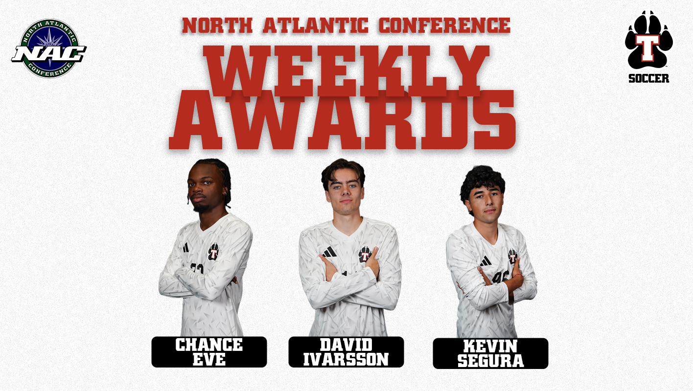 Horizontal Thomas College Men's Soccer weekly awards graphic featuring three athletes against a white textured background. Large red lettering across the top reads “North Atlantic Conference Weekly Awards.” From left to right are Chance Eve, David Ivarsson, and Kevin Segura, all wearing white long-sleeved Thomas soccer jerseys with their arms crossed. Each athlete's name appears in bold white lettering inside a black nameplate beneath their portrait. The NAC logo appears in the upper left corner, and the Thomas College Soccer logo appears in the upper right.