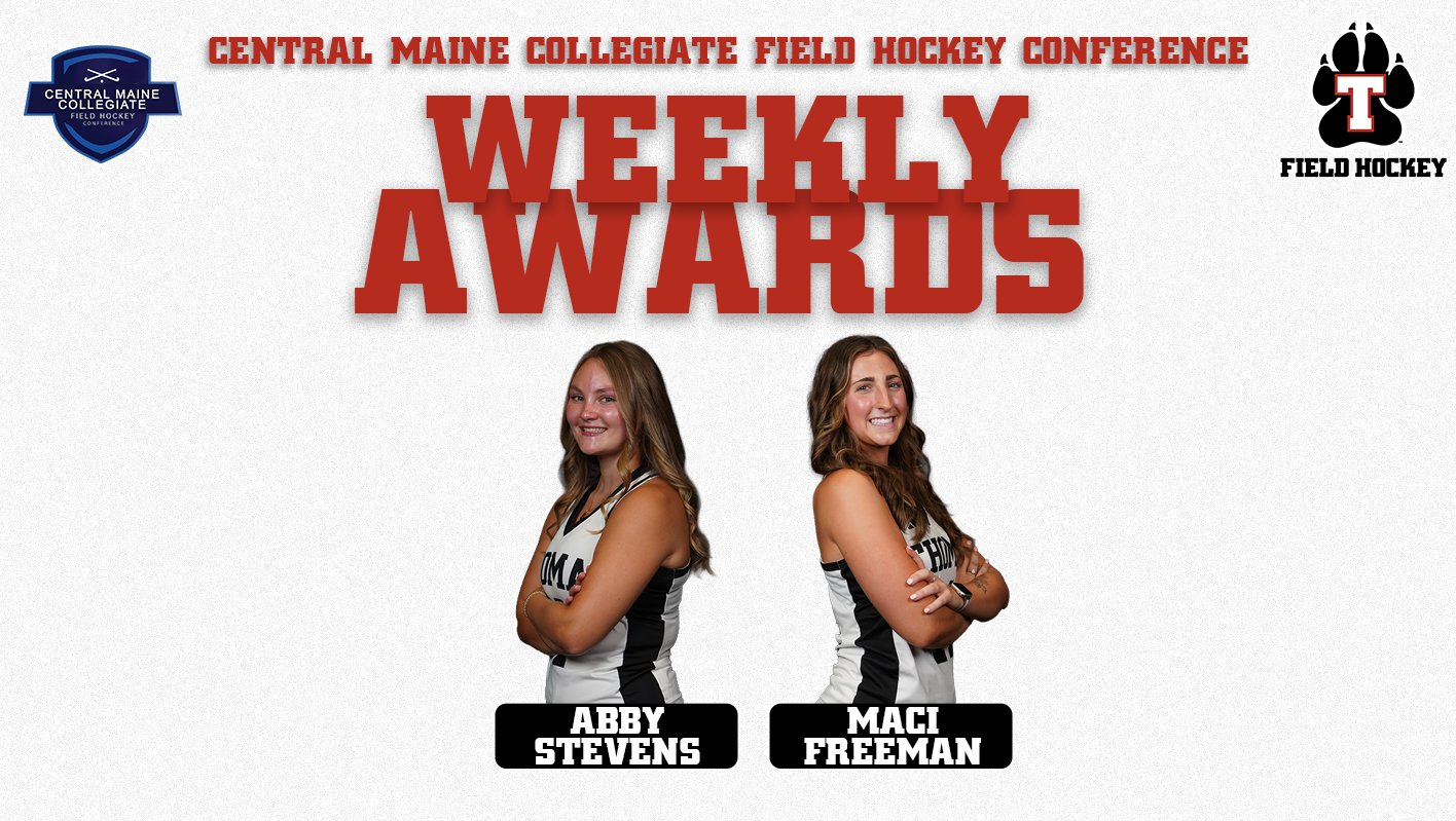 Central Maine Collegiate Field Hockey Conference Weekly Awards graphic featuring Thomas College field hockey players Abby Stevens and Maci Freeman. Both athletes are pictured in white and black Thomas uniforms with their arms crossed. The conference logo appears in the upper left and the Thomas Field Hockey logo in the upper right.