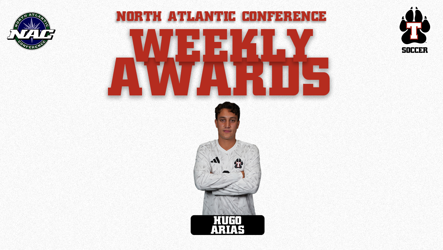 Thomas College Men’s Soccer North Atlantic Conference Weekly Awards graphic featuring Hugo Arias standing with his arms crossed in a white Thomas soccer jersey. His name appears below his photo, with NAC and Thomas College Soccer logos in the upper corners.