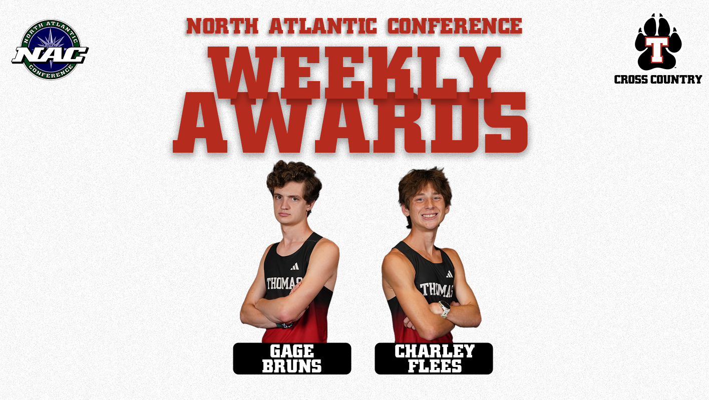 Graphic announcing North Atlantic Conference Weekly Awards for Thomas College Men’s Cross Country. Gage Bruns and Charley Flees stand side by side in black and red Thomas cross country uniforms with their arms crossed. The NAC logo appears in the upper left and the Thomas Cross Country logo in the upper right. Their names are displayed beneath each athlete.