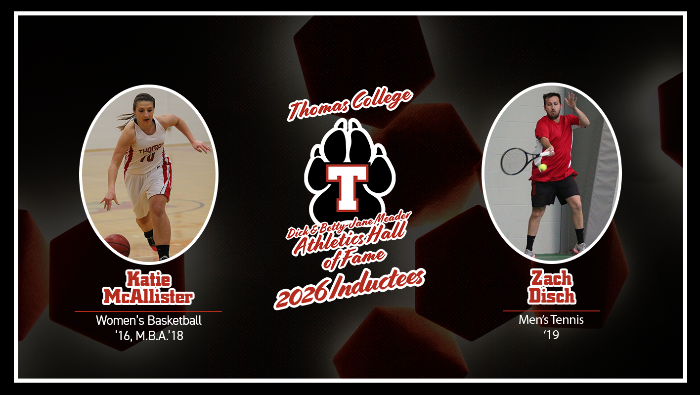 Graphic announcing the Thomas College Dick & Betty-Jane Meader Athletics Hall of Fame Class of 2026. The Thomas College logo and paw are centered above the text, 
