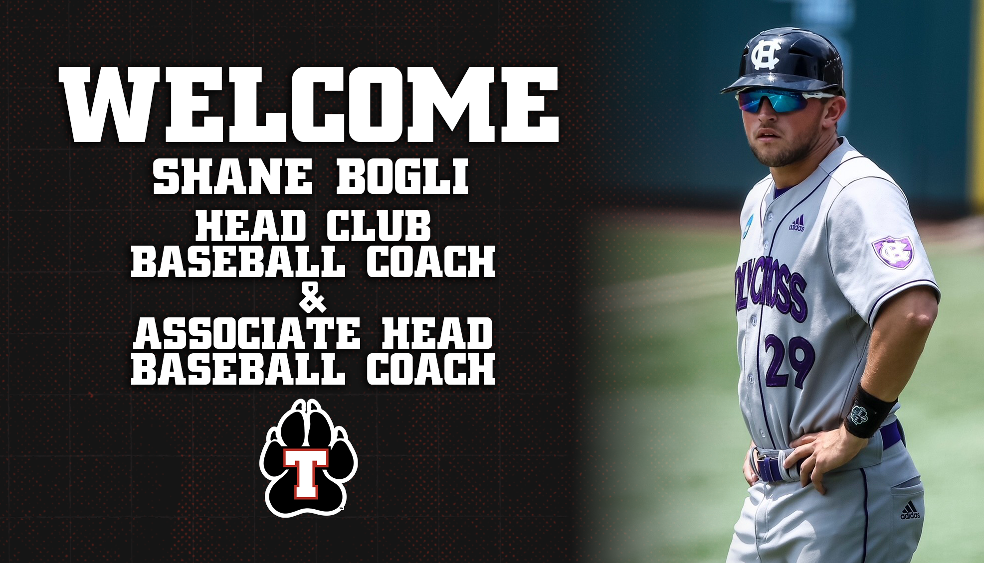 Website header graphic welcoming Shane Bogli to Thomas College Athletics. On the left, large white text reads, 