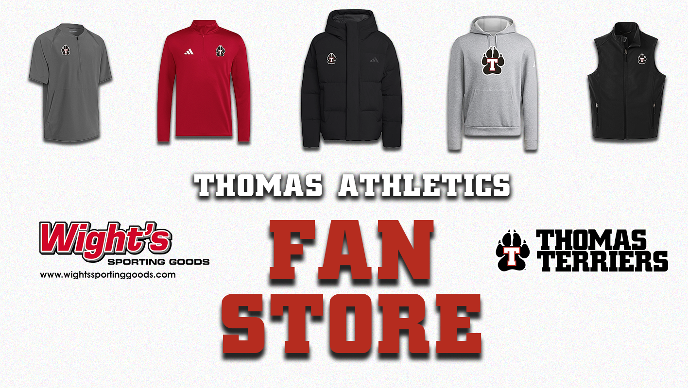 Graphic promoting the Thomas College Athletics Fan Store through Wight’s Sporting Goods. Featured apparel includes a gray polo, red quarter-zip, black puffer jacket, gray hoodie, and black vest, all displaying Thomas College Athletics branding. The Wight’s Sporting Goods and Thomas Terriers logos appear alongside large red text reading “Fan Store.”