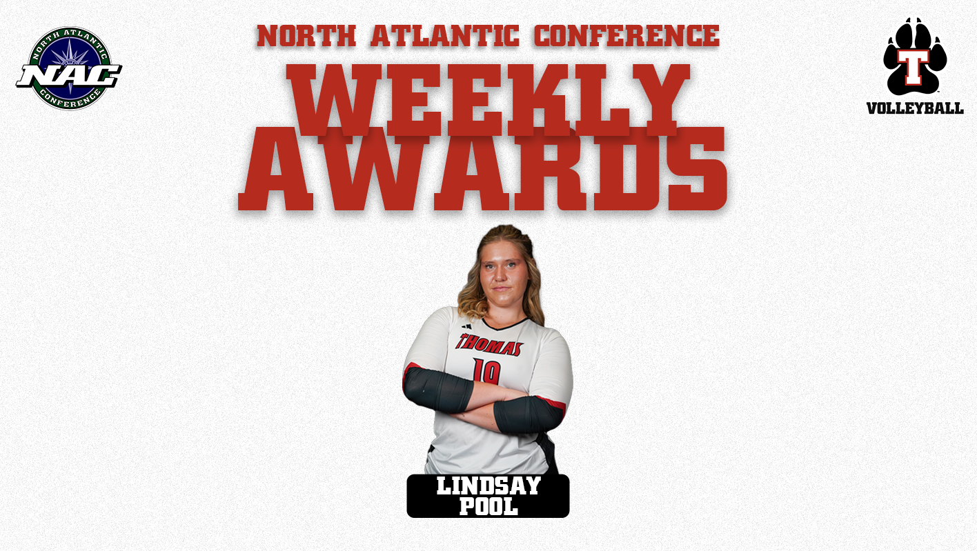 Graphic announcing North Atlantic Conference Weekly Awards for Thomas College Women’s Volleyball. Lindsay Pool, #19, is pictured in the center with her arms crossed, wearing a white Thomas College volleyball uniform with black arm sleeves. Large red text across the top reads “North Atlantic Conference Weekly Awards,” with Pool’s name displayed below her photo. The North Atlantic Conference logo appears in the upper left, and the Thomas College Volleyball logo appears in the upper right.