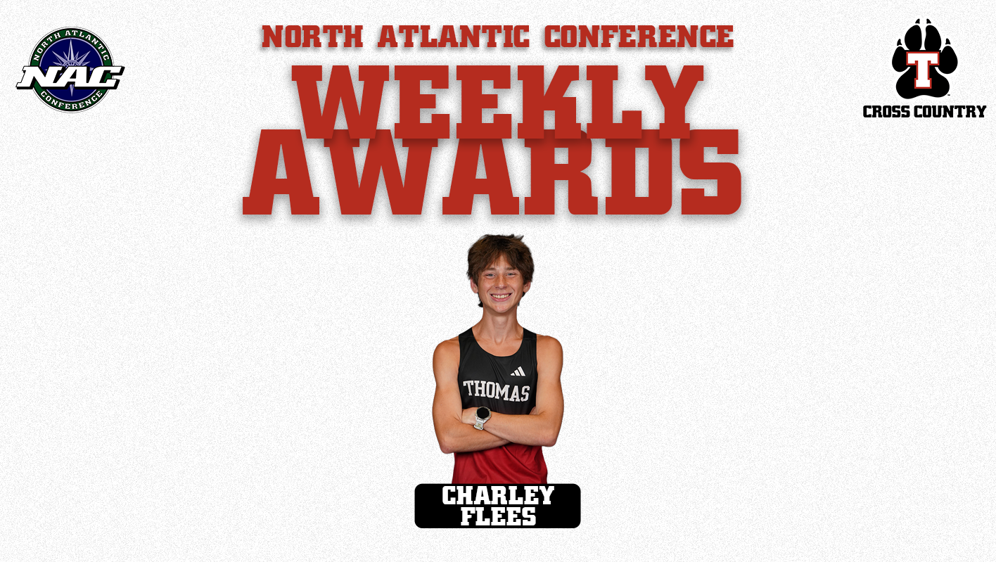 North Atlantic Conference Weekly Awards graphic featuring Thomas College Men’s Cross Country runner Charley Flees standing with his arms crossed in a black and red Thomas uniform. His name appears below his photo, with the NAC and Thomas Cross Country logos in the upper corners.