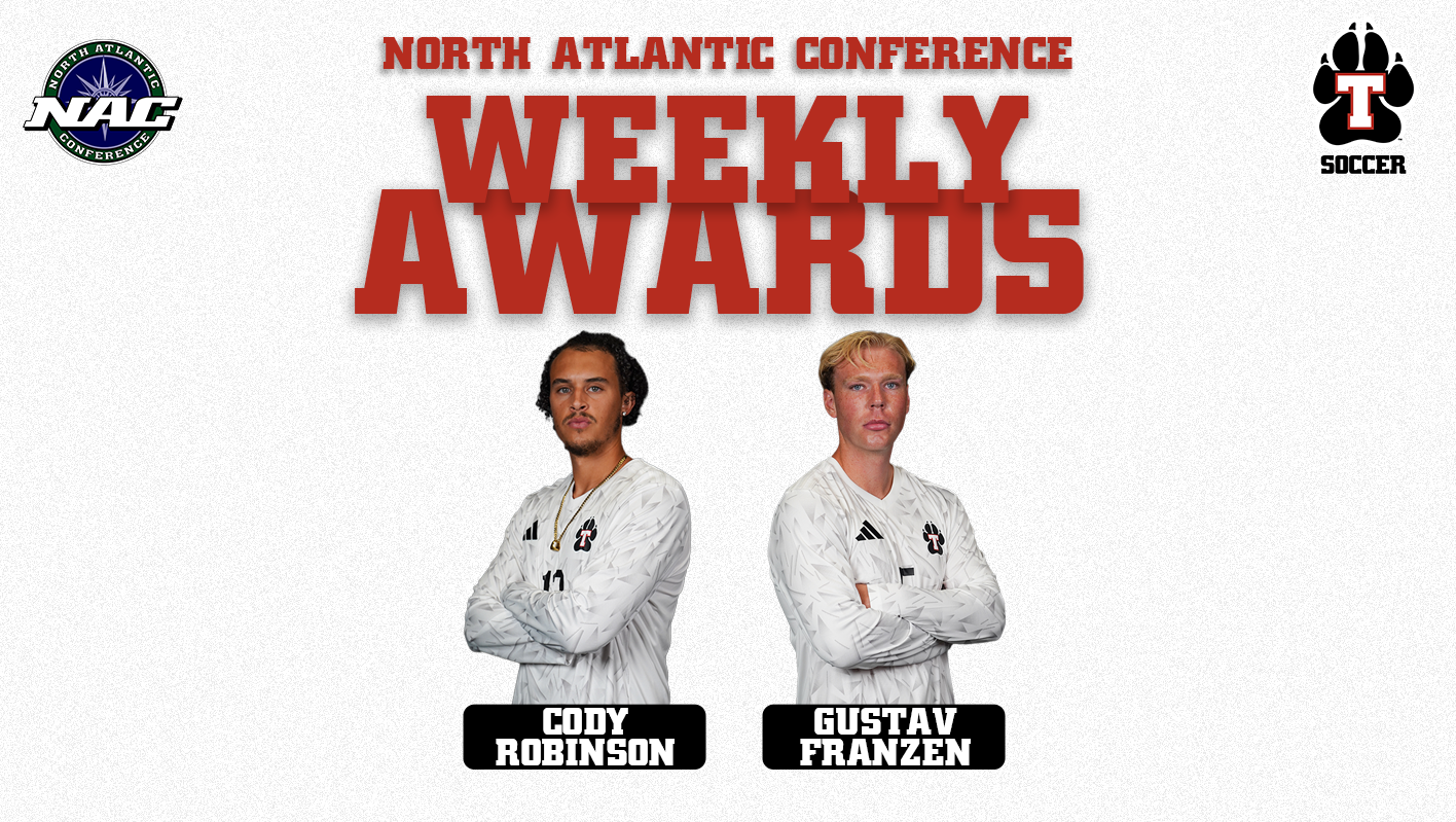 Graphic announcing North Atlantic Conference Weekly Awards for Thomas College Men’s Soccer. Cody Robinson and Gustav Franzen are pictured side by side with their arms crossed, wearing white Thomas College soccer uniforms. Large red text across the top reads “North Atlantic Conference Weekly Awards.” Robinson’s name appears below his photo on the left and Franzen’s name appears below his photo on the right. The North Atlantic Conference logo is in the upper left, with the Thomas College Soccer logo in the upper right.