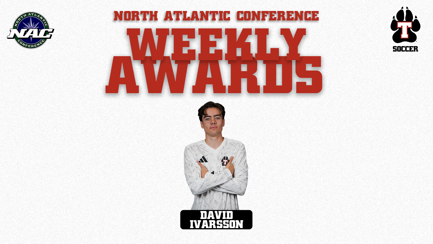 North Atlantic Conference Weekly Awards graphic featuring Thomas College Men’s Soccer player David Ivarsson. Ivarsson stands with his arms crossed in a white Thomas uniform beneath large red “Weekly Awards” text. The NAC and Thomas Soccer logos are displayed in the upper corners.