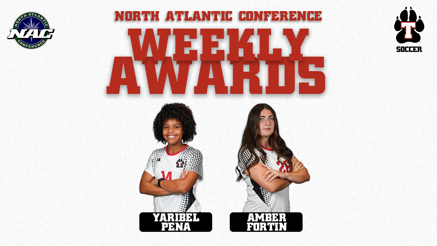 North Atlantic Conference Weekly Awards graphic featuring Thomas College Women’s Soccer players Yaribel Pena and Amber Fortin posing with their arms crossed in white Thomas uniforms. Their names appear below their photos, with the NAC and Thomas Soccer logos in the upper corners.