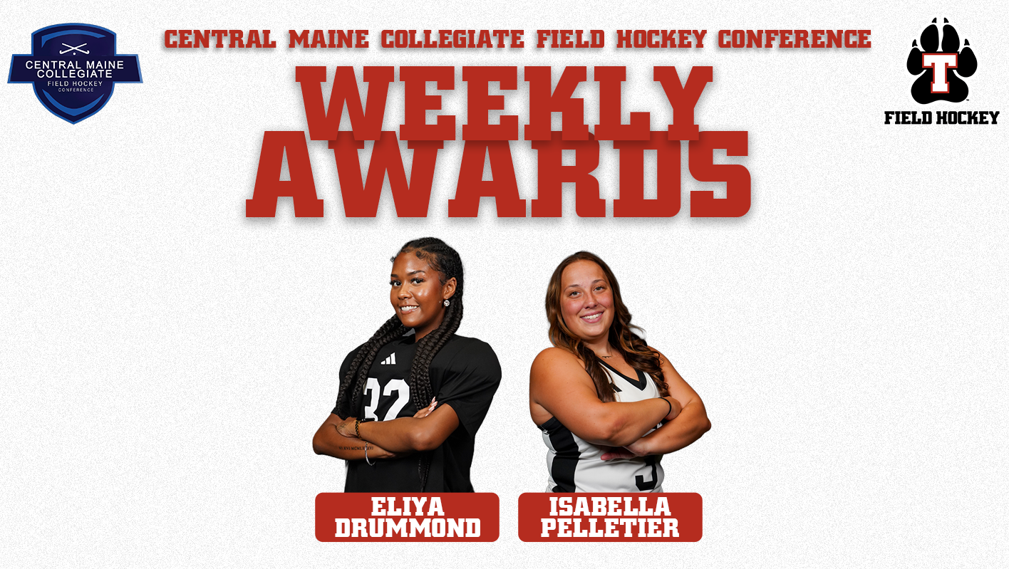 Graphic highlighting Thomas College Field Hockey student-athletes Eliya Drummond and Isabella Pelletier as Central Maine Collegiate Field Hockey Conference Weekly Award recipients. Drummond, wearing number 32, and Pelletier, wearing number 5, pose with their arms crossed beneath large red text reading “Weekly Awards.”