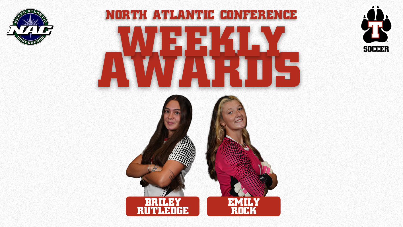 Graphic highlighting Thomas College Men’s Soccer student-athletes Jamie Fischer (#99) and Adam Elkott (#32) as North Atlantic Conference Weekly Award recipients. Fischer stands on the left wearing a blue goalkeeper jersey, and Elkott stands on the right wearing a white Thomas Soccer jersey, both with their arms crossed. Large red text reads “North Atlantic Conference Weekly Awards,” with their names displayed below their photos and the NAC and Thomas College Soccer logos in the upper corners.