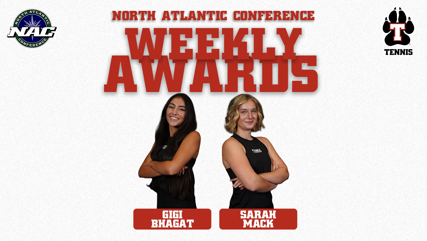 Graphic highlighting Thomas College Women’s Tennis student-athletes Gigi Bhagat and Sarah Mack as North Atlantic Conference Weekly Award recipients after being named the NAC Doubles Team of the Week. Both wear black Thomas Tennis tops and pose with their arms crossed beneath large red text reading “North Atlantic Conference Weekly Awards.” Their names are displayed below their photos, with the NAC and Thomas College Tennis logos in the upper corners.