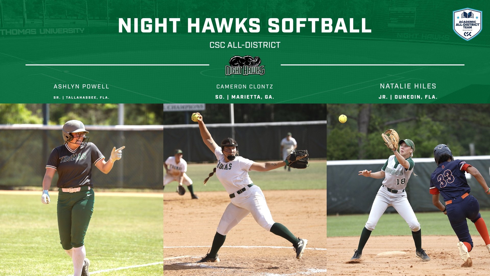 Three Night Hawks earn CSC Academic All-District Honors