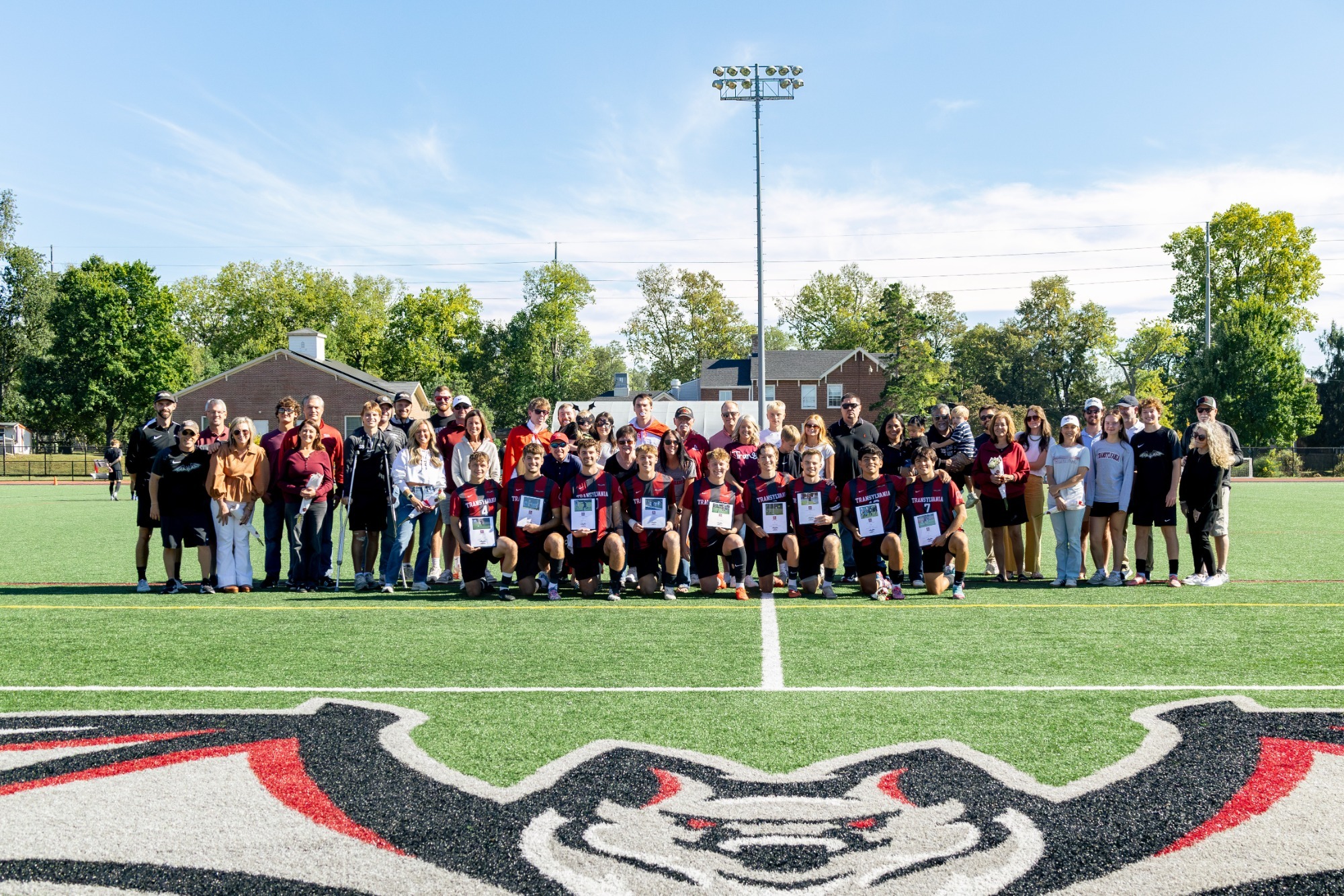 Transylvania Men's Soccer celebrates the senior class of 2026 with their families prior to Saturday's game against Manchester. 