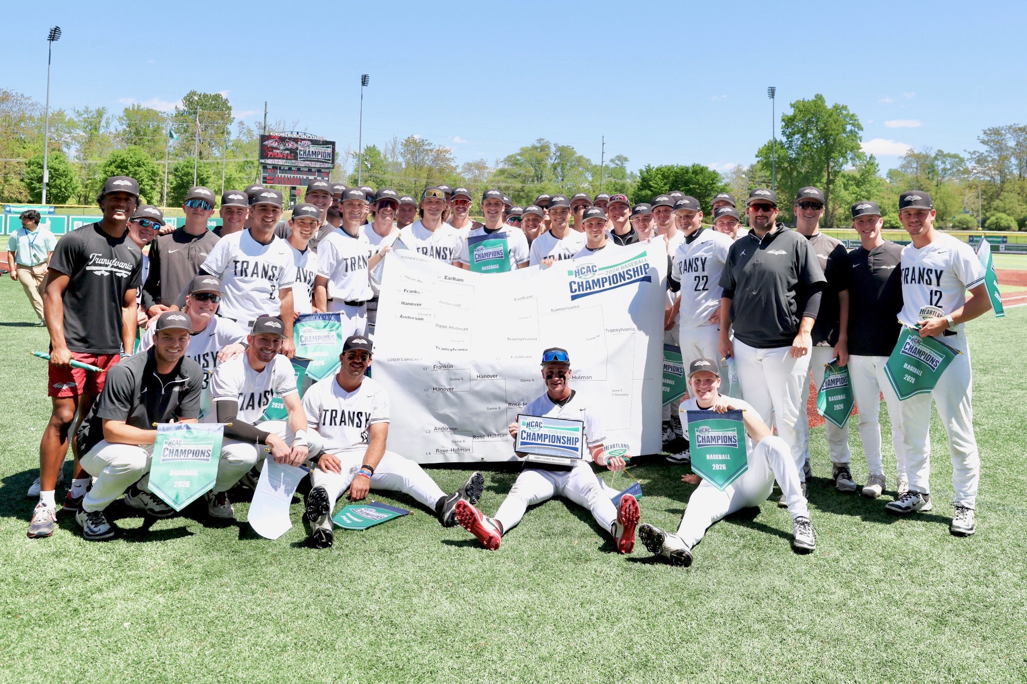 Transylvania Baseball celebrates the 2026 HCAC Championship in Kokomo. 