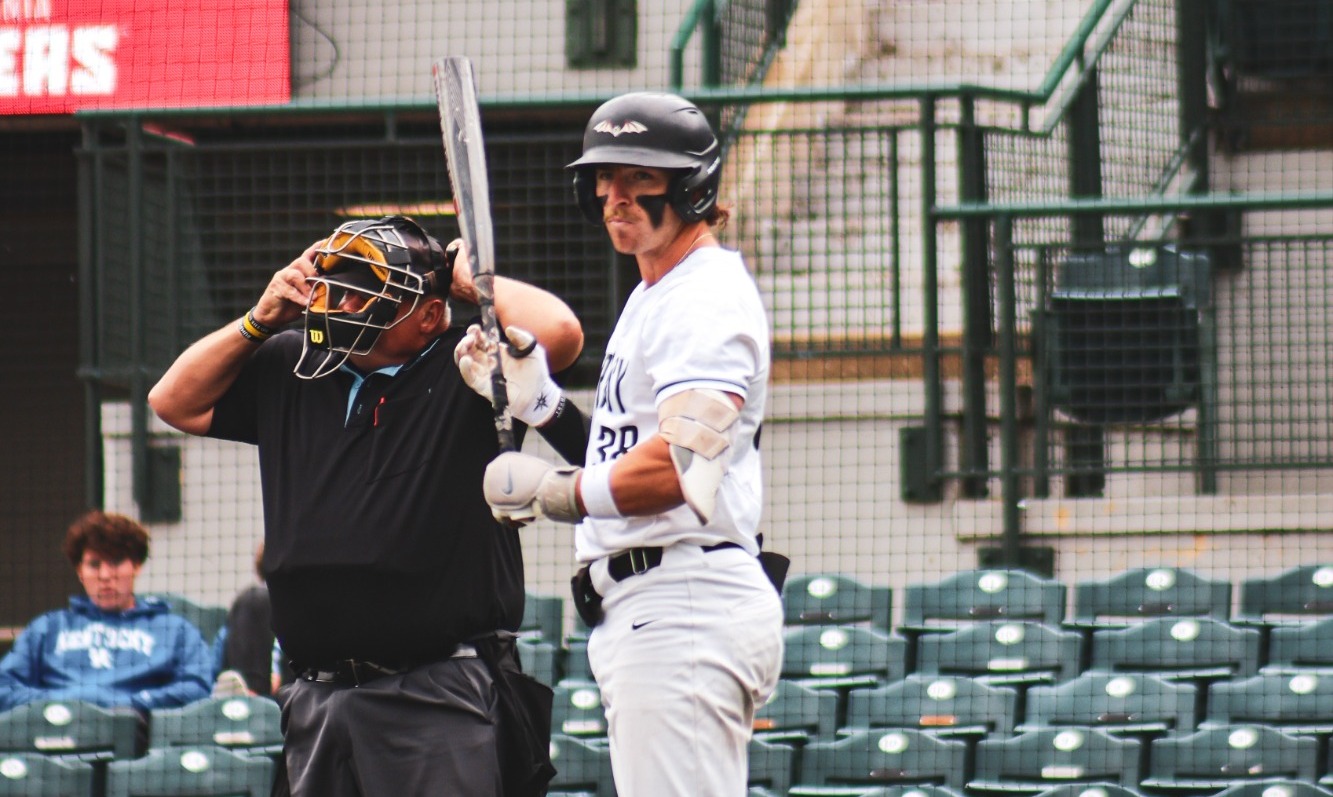Calvin Schubert (#38) at the plate against Rose-Hulman on senior day. 
