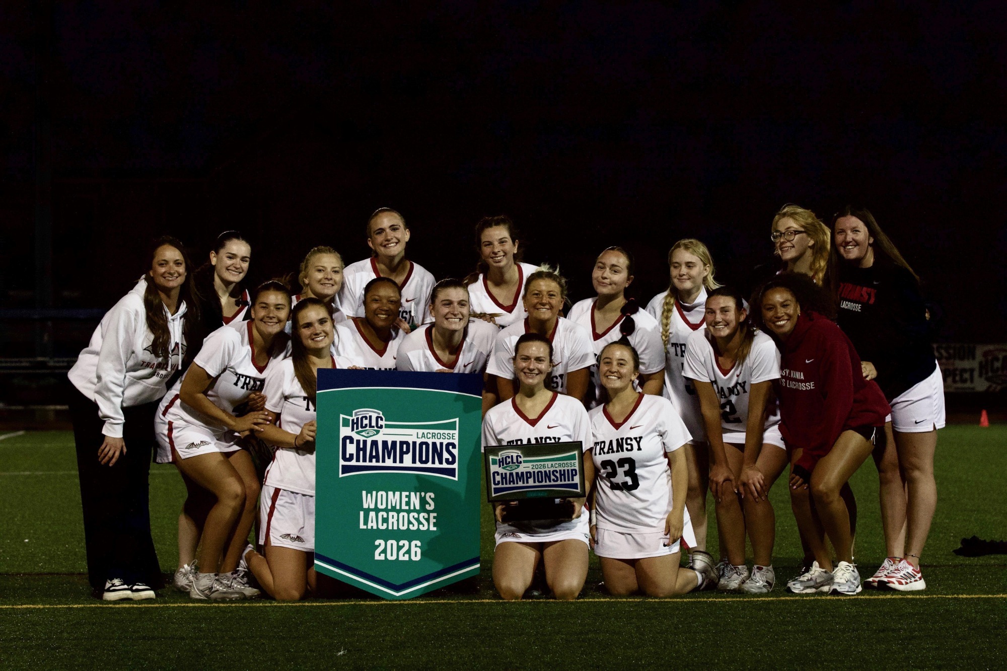 Transylvania Women's Lacrosse celebrates the 2026 HCLC Championship. 