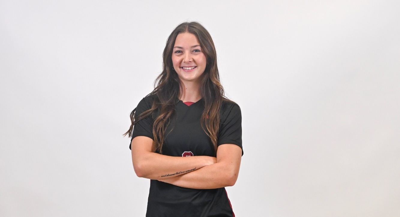 Eva Blanke (#28) poses for a portrait at Women's Soccer Media Day. 