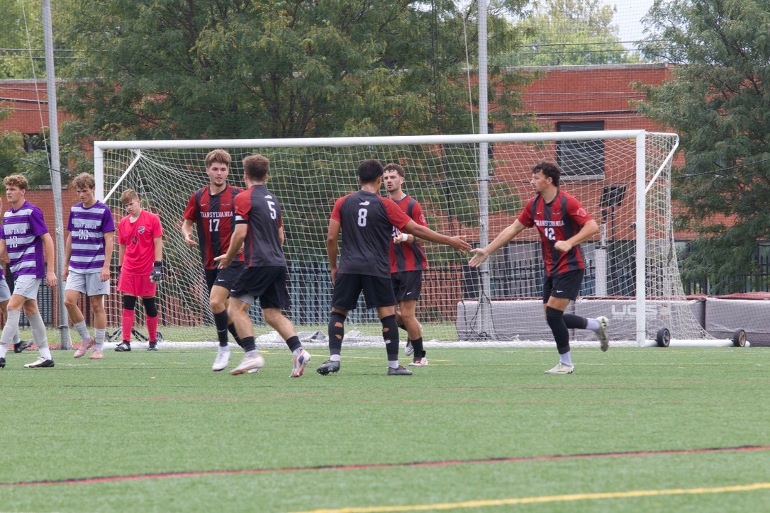 Men's Soccer celebrates a goal during their home opening victory at Pat Deacon Stadium Saturday.