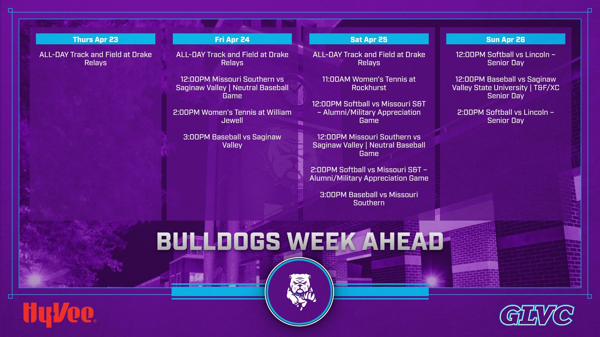 This Week in Truman Athletics - April 20 - 26, list of all events throughout the week.