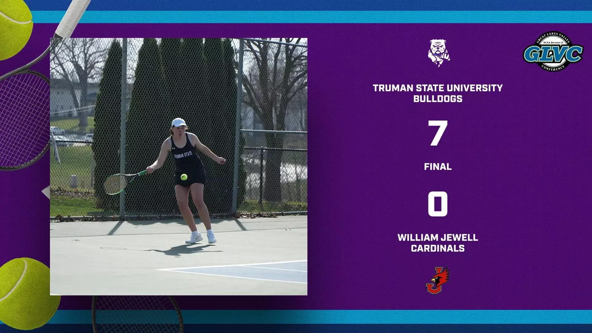 Tennis 4/25/26 Final Tennis score graphic: Truman State Bulldogs 7, William Jewell Cardinals 0, Final.