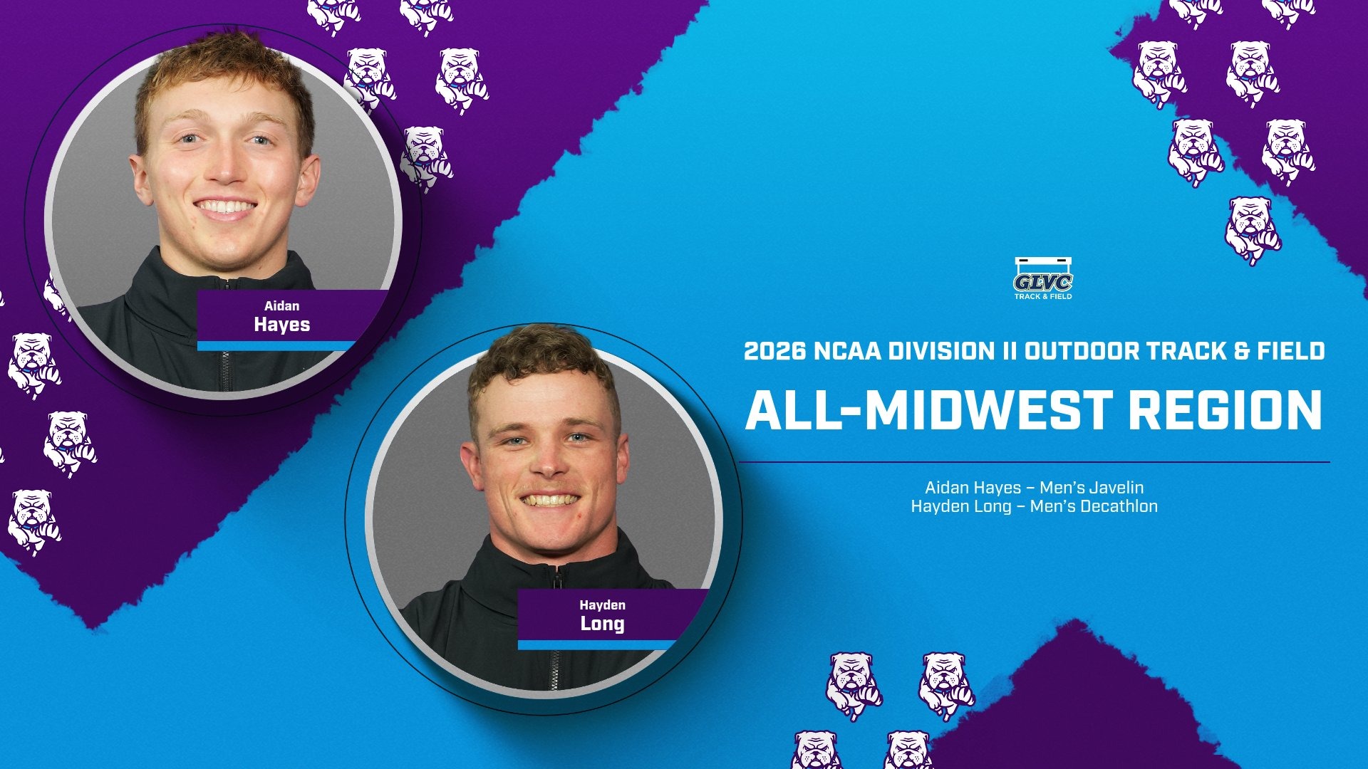 2026 USTFCCCA Midwest All-Region Graphic recognizing Truman State track and field athletes Aidan Hayes and Hayden Long as 2026 NCAA Division II Outdoor Track & Field All-Midwest Region honorees, featuring their headshots on a purple and blue Bulldog-themed background.