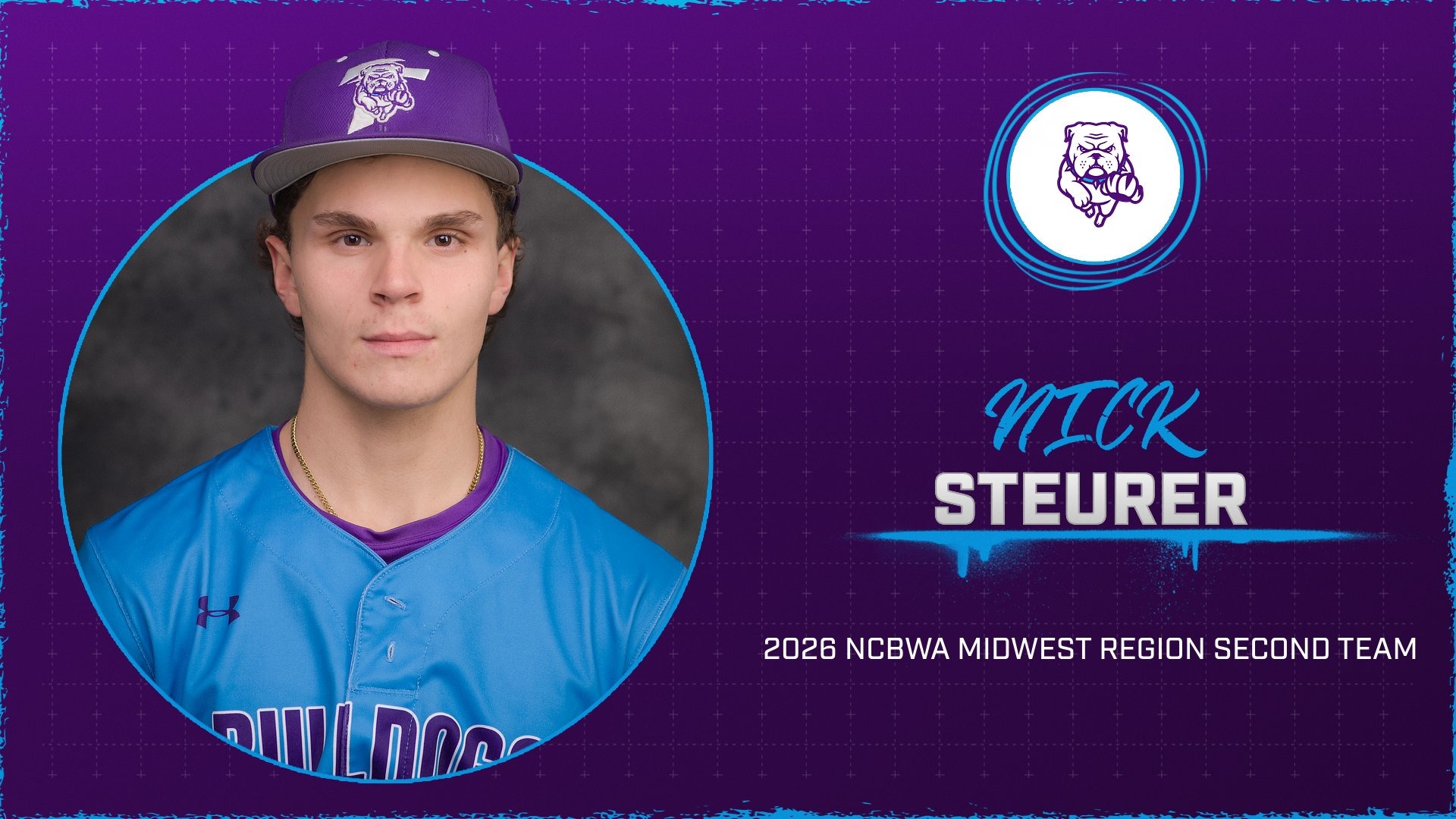 Nick Steurer All-Region 2026 Graphic recognizing Truman State baseball player Nick Steurer as a 2026 NCBWA Midwest Region Second Team selection, featuring his headshot in a Bulldogs uniform on a purple and blue Truman-themed background.