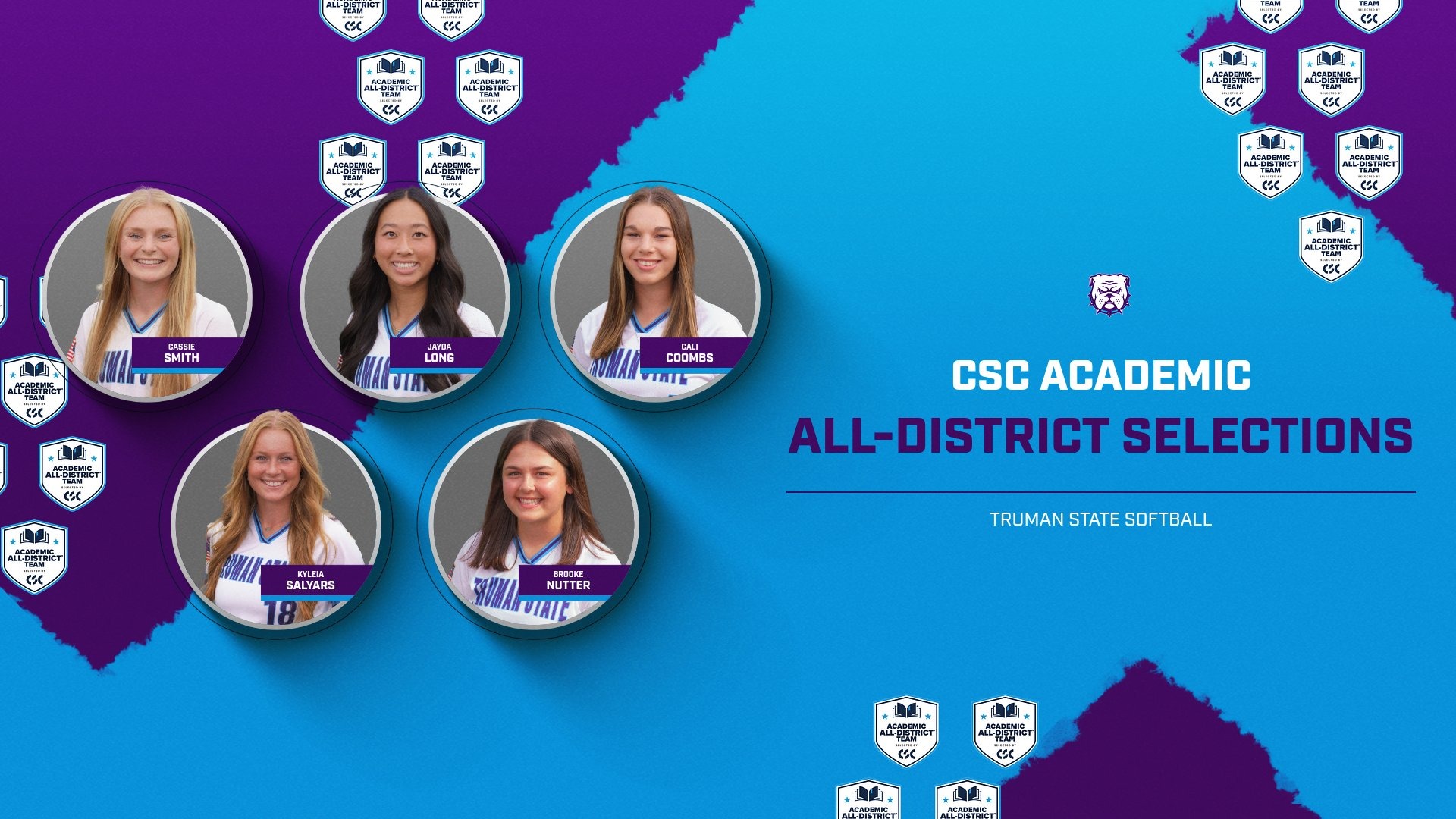 2026 Softball CSC Academic All-District Truman State softball players Cassie Smith, Jayda Long, Cali Coombs, and others recognized.