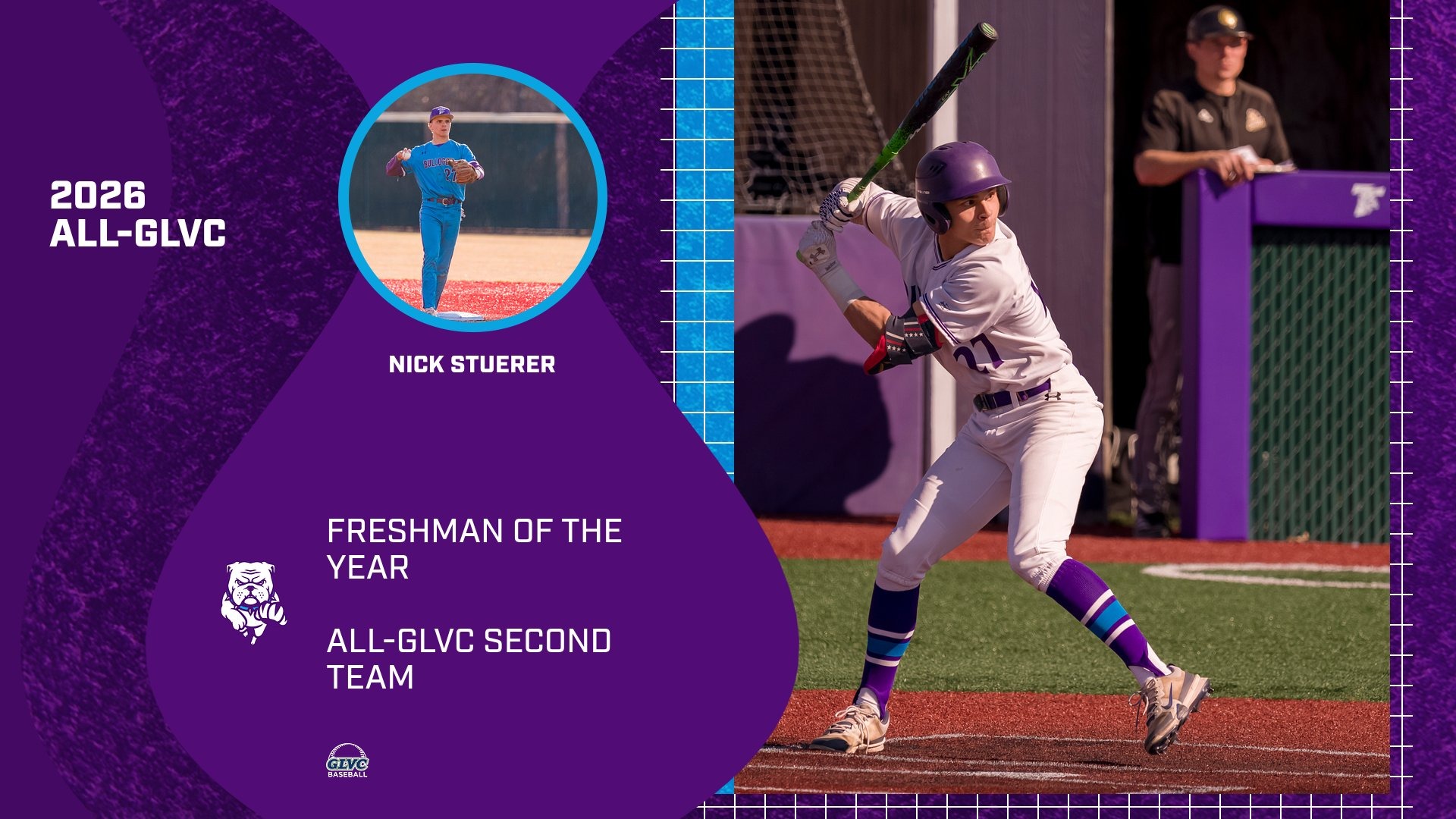 Nick Steurer GLVC Freshman of the Year 2026 All-GLVC award graphic for Nick Stuerer: Freshman of the Year and All-GLVC Second Team