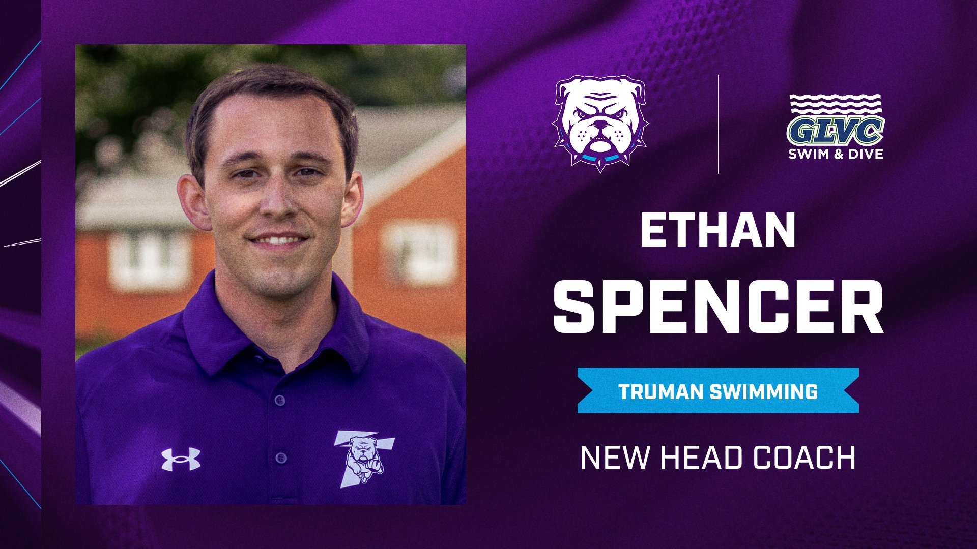 Ethan Spencer named new head coach of Truman Swimming. Portrait photo on purple background.