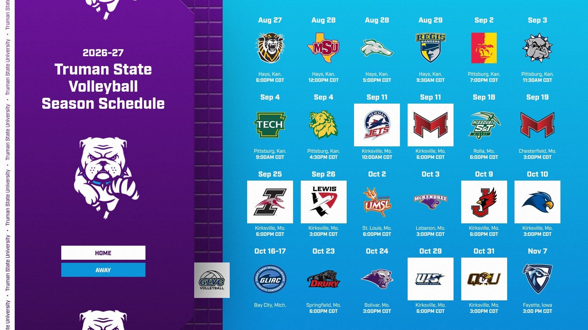 2026 Truman State Volleyball schedule: dates, times, locations for games.