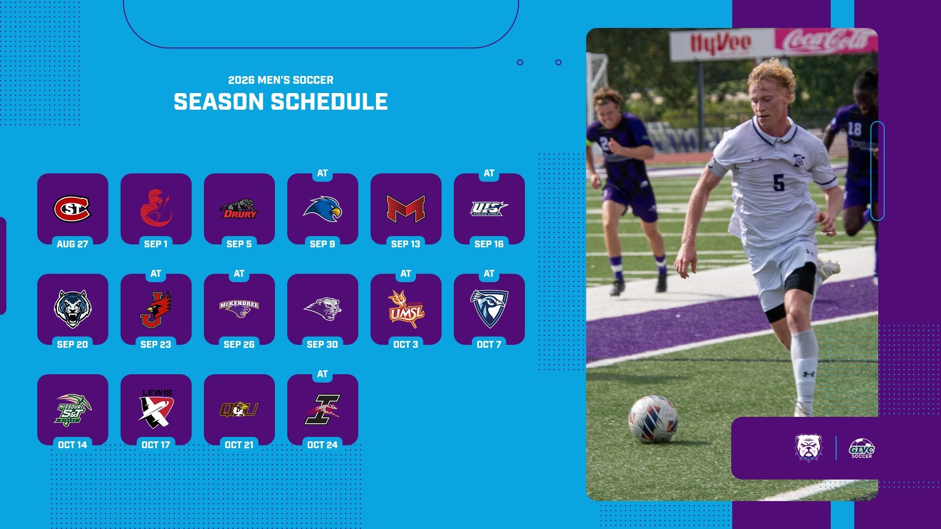 2026 Men's Soccer Schedule graphic with opponent logos and dates from August through October.