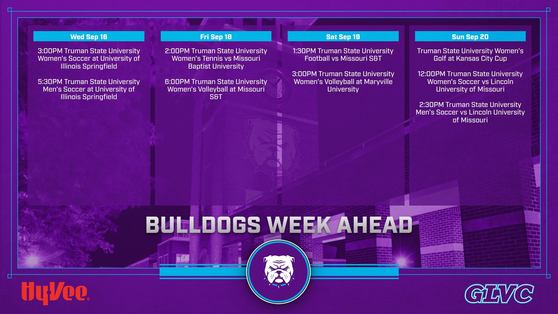 Truman State University Athletics week contests from 9/16 to 9/20 including Soccer, Volleyball, Tennis, Golf, and Football