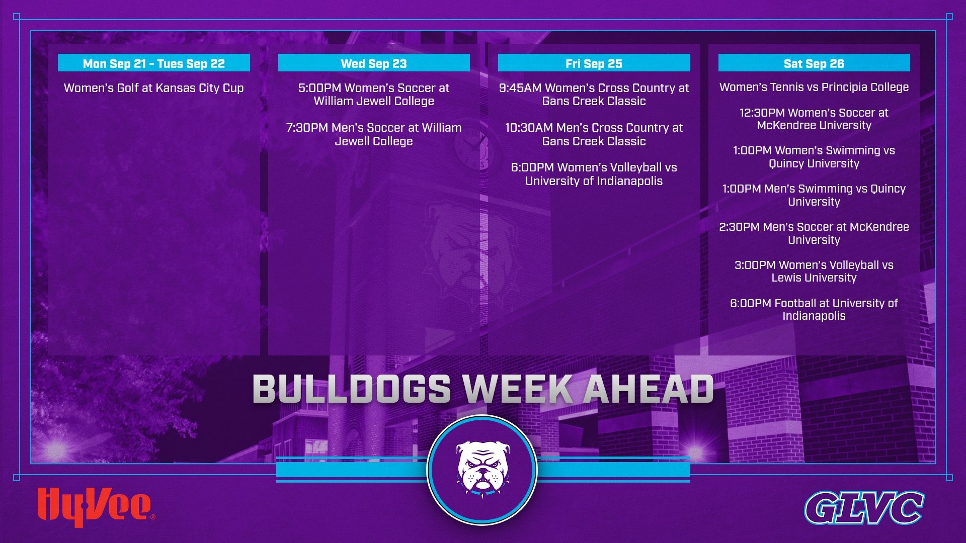 Bulldog Athletics Week Ahead: September 21-26, featuring upcoming events and competitions.