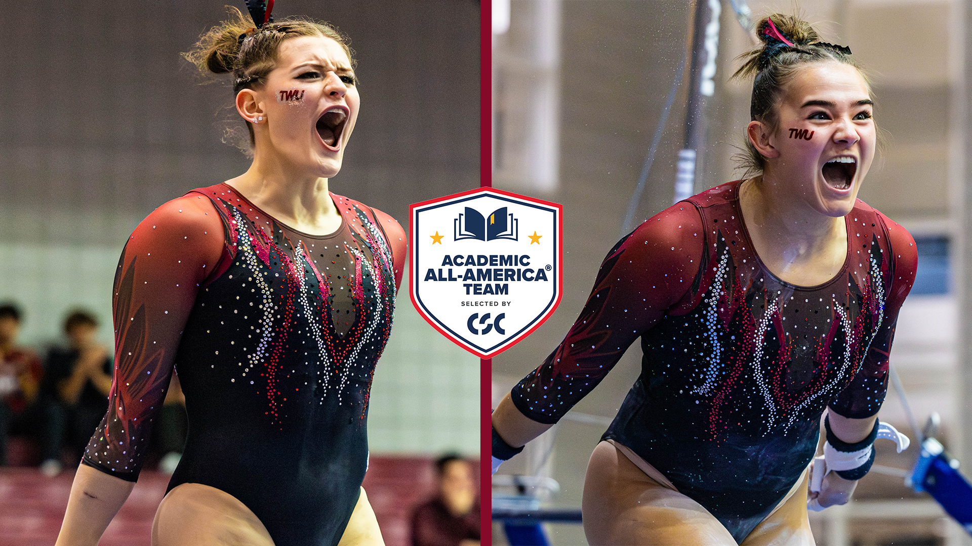Caroline Bowns pictured on the left, Kami Zarlengo on the right both celebrating after finishing a gymnastics routine